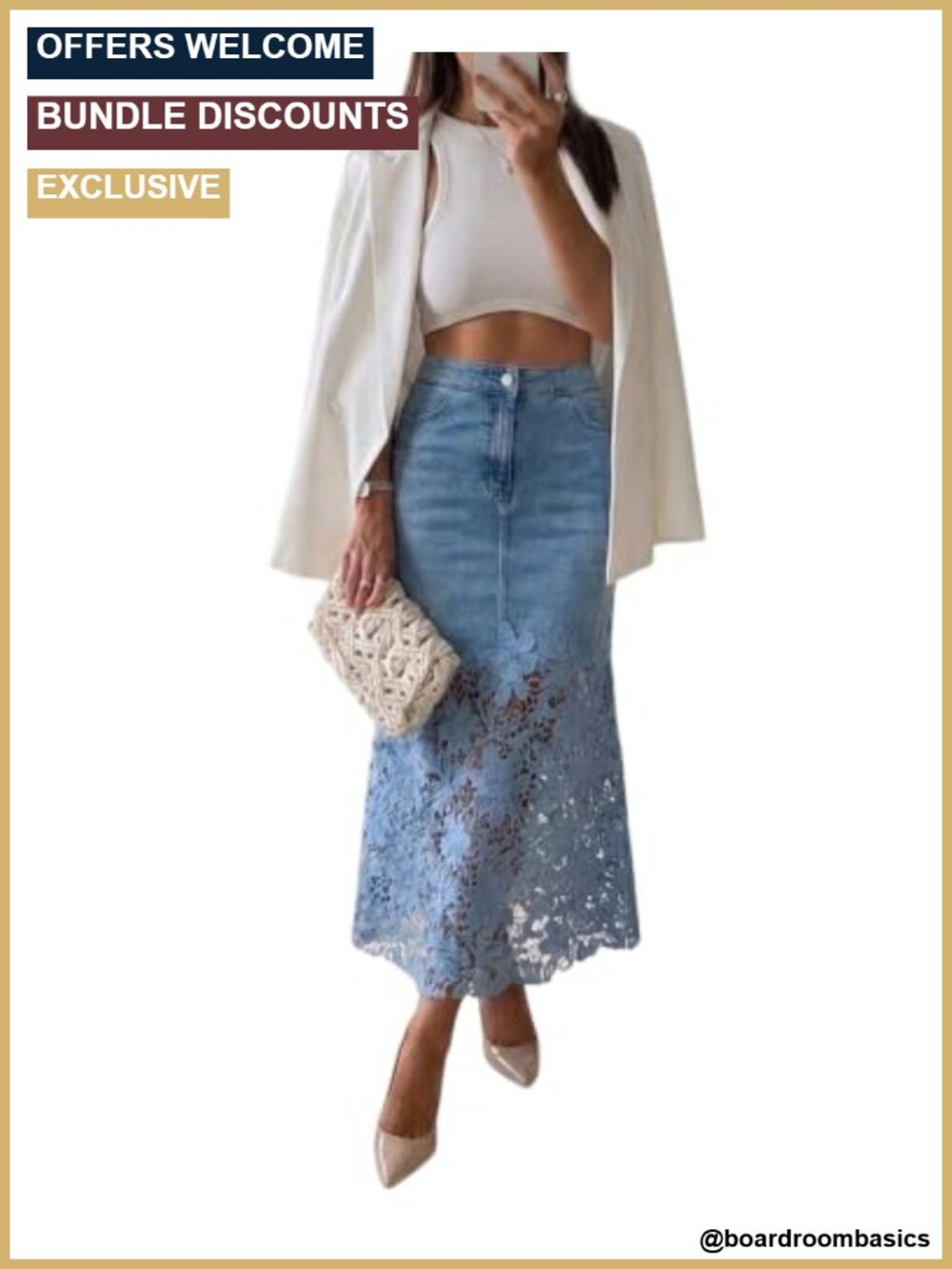 Denim Midi Skirt Women Guipure Lace Spliced Jean Skirt High Waisted A-Line Boho